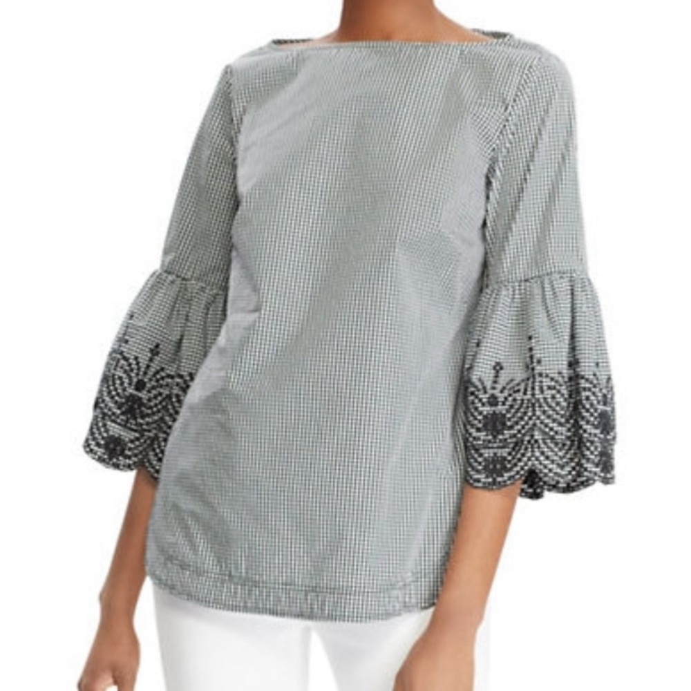 𝅺LAUREN Ralph Lauren NWT Gingham Print Embroidered Sleeve Top